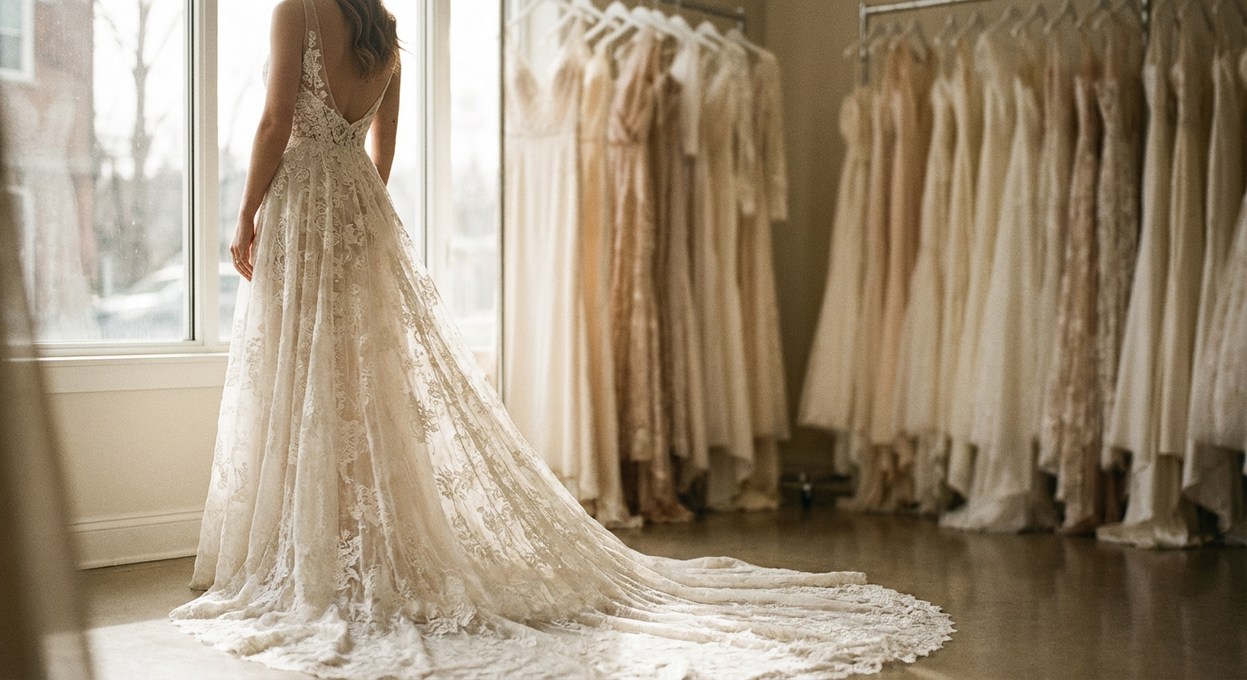Bride in ivory lace gown in a sunlit atelier